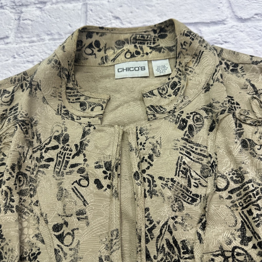 Chicos Silk Linen Open Front Jacket Size 2 Large Beige Black Abstract Floral Art - Picture 5 of 10